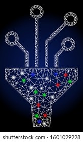 Glowing white mesh circuit filter with glow effect. Abstract illuminated model of circuit filter. Shiny wire frame polygonal mesh circuit filter icon.