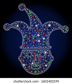 Glowing white mesh clown head with glitter effect. Abstract illuminated model of clown head. Shiny wire carcass polygonal mesh clown head icon. Vector abstraction on a dark blue gradient background.