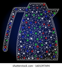 Glowing white mesh coffee pot with glare effect. Abstract illuminated model of coffee pot. Shiny wire carcass triangular network coffee pot icon. Vector abstraction on a dark blue gradient background.