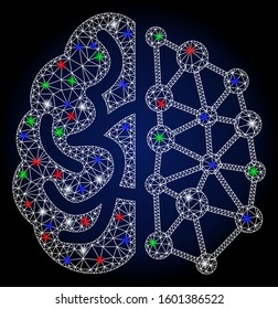 Glowing white mesh creative brain with glare effect. Abstract illuminated model of creative brain. Shiny wire carcass triangular mesh creative brain icon.