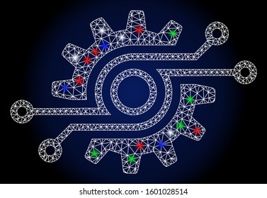 Glowing white mesh electronic gear with glare effect. Abstract illuminated model of electronic gear. Shiny wire frame triangular mesh electronic gear icon.