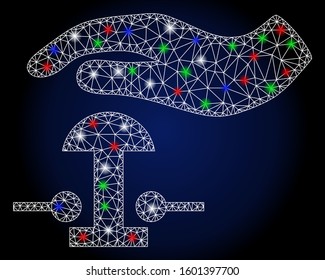 Glowing white mesh emergency stop with glow effect. Abstract illuminated model of emergency stop. Shiny wire carcass polygonal network emergency stop icon.