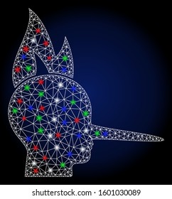Glowing white mesh fired liar with glow effect. Abstract illuminated model of fired liar. Shiny wire carcass polygonal mesh fired liar icon. Vector abstraction on a dark blue gradient background.
