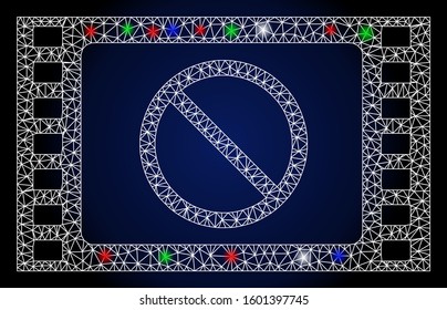 Glowing white mesh forbidden movie with glow effect. Abstract illuminated model of forbidden movie. Shiny wire frame triangular network forbidden movie icon.