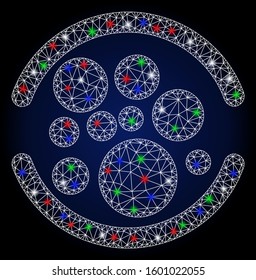 Glowing white mesh full with glow effect. Abstract illuminated model of full. Shiny wire carcass polygonal mesh full icon. Vector abstraction on a dark blue gradient background.
