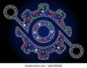 Glowing white mesh gear solution with lightspot effect. Abstract illuminated model of gear solution. Shiny wire frame triangular mesh gear solution icon.