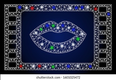 Glowing white mesh love story movie with sparkle effect. Abstract illuminated model of love story movie. Shiny wire carcass polygonal mesh love story movie icon.