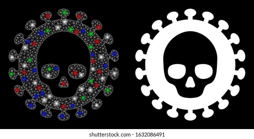 Glowing white mesh mortal virus with glitter effect. Abstract illuminated model of mortal virus. Shiny wire carcass triangular network mortal virus icon on a black background.