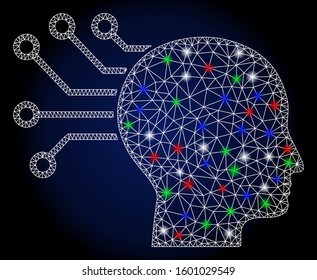 Glowing white mesh neural interface with glitter effect. Abstract illuminated model of neural interface. Shiny wire frame polygonal network neural interface icon.