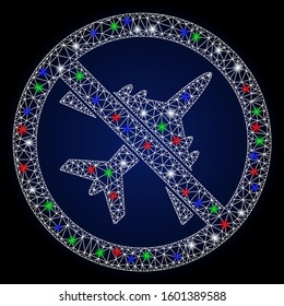 Glowing white mesh no airplane with glitter effect. Abstract illuminated model of no airplane. Shiny wire carcass polygonal mesh no airplane icon.
