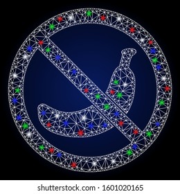 Glowing white mesh no banana with sparkle effect. Abstract illuminated model of no banana. Shiny wire carcass triangular mesh no banana icon. Vector abstraction on a dark blue gradient background.