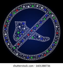 Glowing white mesh no barefoot with glow effect. Abstract illuminated model of no barefoot. Shiny wire carcass triangular mesh no barefoot icon. Vector abstraction on a dark blue gradient background.
