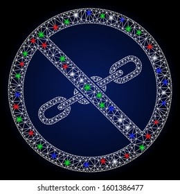 Glowing white mesh no chain with glitter effect. Abstract illuminated model of no chain. Shiny wire frame triangular mesh no chain icon. Vector abstraction on a dark blue gradient background.