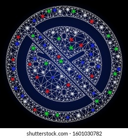 Glowing white mesh no clock with glow effect. Abstract illuminated model of no clock. Shiny wire frame triangular network no clock icon. Vector abstraction on a dark blue gradient background.