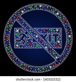 Glowing white mesh no exit with sparkle effect. Abstract illuminated model of no exit. Shiny wire frame polygonal mesh no exit icon. Vector abstraction on a dark blue gradient background.