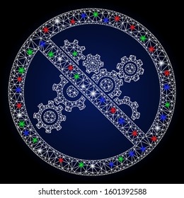 Glowing white mesh no gears with glow effect. Abstract illuminated model of no gears. Shiny wire frame polygonal mesh no gears icon. Vector abstraction on a dark blue gradient background.