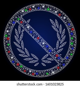 Glowing white mesh no glory with glitter effect. Abstract illuminated model of no glory. Shiny wire frame triangular mesh no glory icon. Vector abstraction on a dark blue gradient background.