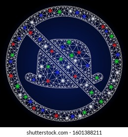 Glowing white mesh no hat with glare effect. Abstract illuminated model of no hat. Shiny wire frame triangular mesh no hat icon. Vector abstraction on a dark blue gradient background.