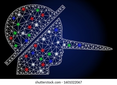 Glowing white mesh no liars with glare effect. Abstract illuminated model of no liars. Shiny wire carcass triangular mesh no liars icon. Vector abstraction on a dark blue gradient background.