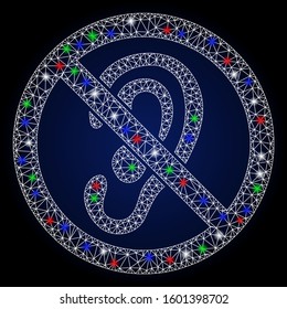 Glowing white mesh no listen with glow effect. Abstract illuminated model of no listen. Shiny wire frame triangular mesh no listen icon. Vector abstraction on a dark blue gradient background.