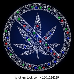Glowing white mesh no marijuana with glow effect. Abstract illuminated model of no marijuana. Shiny wire frame triangular network no marijuana icon.