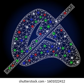 Glowing white mesh no meat with glare effect. Abstract illuminated model of no meat. Shiny wire carcass triangular mesh no meat icon. Vector abstraction on a dark blue gradient background.