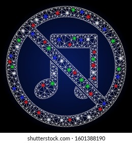 Glowing white mesh no melody with sparkle effect. Abstract illuminated model of no melody. Shiny wire frame triangular network no melody icon. Vector abstraction on a dark blue gradient background.