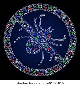 Glowing white mesh no mite with sparkle effect. Abstract illuminated model of no mite. Shiny wire frame polygonal mesh no mite icon. Vector abstraction on a dark blue gradient background.