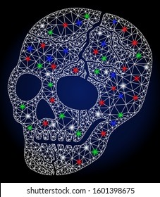 Glowing white mesh old skull with glare effect. Abstract illuminated model of old skull. Shiny wire carcass polygonal mesh old skull icon. Vector abstraction on a dark blue gradient background.