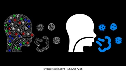 Glowing white mesh patient viruses with sparkle effect. Abstract illuminated model of patient viruses. Shiny wire carcass triangular mesh patient viruses icon on a black background.