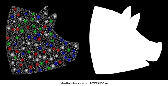 Glowing white mesh pig head with lightspot effect. Abstract illuminated model of pig head. Shiny wire frame polygonal network pig head icon on a black background.