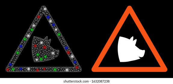 Glowing white mesh pork warning with lightspot effect. Abstract illuminated model of pork warning. Shiny wire carcass polygonal mesh pork warning icon on a black background.