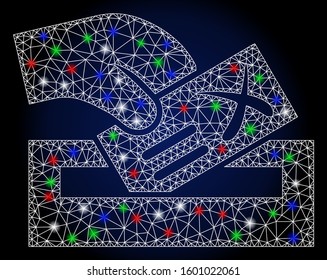Glowing white mesh protest poll with sparkle effect. Abstract illuminated model of protest poll. Shiny wire carcass triangular mesh protest poll icon.