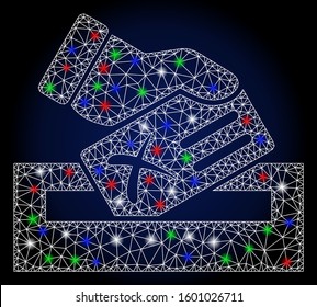 Glowing white mesh protest vote with lightspot effect. Abstract illuminated model of protest vote. Shiny wire frame triangular mesh protest vote icon.