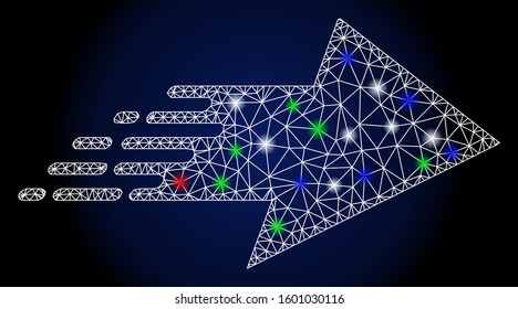 Glowing white mesh rush right arrow with glow effect. Abstract illuminated model of rush right arrow. Shiny wire carcass triangular mesh rush right arrow icon.