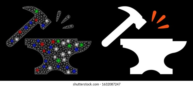 Glowing white mesh smithy with glare effect. Abstract illuminated model of smithy. Shiny wire frame polygonal mesh smithy icon on a black background. Vector 2d mesh created from polygonal grid,