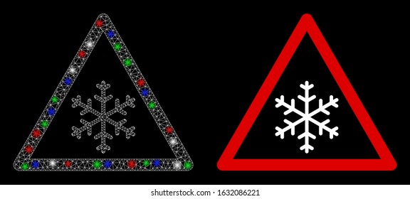 Glowing white mesh snow warning with glare effect. Abstract illuminated model of snow warning. Shiny wire carcass triangular network snow warning icon on a black background.