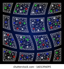 Glowing white mesh square with sparkle effect. Abstract illuminated model of mesh square. Shiny wire frame polygonal mesh square icon. Vector abstraction on a dark blue gradient background.