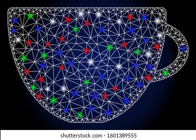 Glowing white mesh tea cup with lightspot effect. Abstract illuminated model of tea cup. Shiny wire carcass polygonal network tea cup icon. Vector abstraction on a dark blue gradient background.