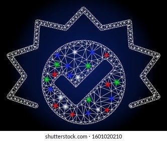 Glowing white mesh true alert with glare effect. Abstract illuminated model of true alert. Shiny wire carcass triangular mesh true alert icon. Vector abstraction on a dark blue gradient background.