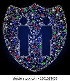 Glowing white mesh trust shield with sparkle effect. Abstract illuminated model of trust shield. Shiny wire carcass triangular network trust shield icon.