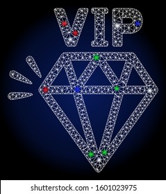 Glowing white mesh VIP brand with glare effect. Abstract illuminated model of VIP brand. Shiny wire carcass triangular network VIP brand icon. Vector abstraction on a dark blue gradient background.