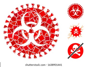 Glowing white mesh virus hazard with glare effect. Abstract illuminated model of virus hazard. Shiny wire carcass triangular network virus hazard icon on a black background.