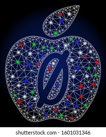 Glowing white mesh zero calories apple with glare effect. Abstract illuminated model of zero calories apple. Shiny wire carcass polygonal mesh zero calories apple icon.
