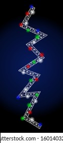 Glowing white mesh zigzag line with glitter effect. Abstract illuminated model of zigzag line. Shiny wire frame polygonal mesh zigzag line icon. Vector abstraction on a dark blue gradient background.