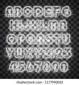 Glowing white neon alphabet with letters from A to Z and digits from 0 to 9 on transparent background. Shining neon effect. Every letter is separate unit with wires, tubes, brackets and holders.