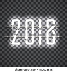Glowing White Neon sign 2018 on transparent background with wires, tubes, brackets and holders. Vector element for New Year card, logo or other design. Shining and glowing effect. Vector illustration.
