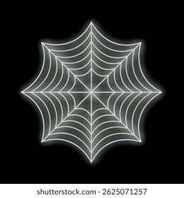 Glowing white neon spider web is radiating on a black background