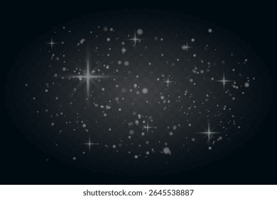 Glowing white particles and star flares scattered across dark background. Soft dreamy light sparkles for festive or magical visuals.