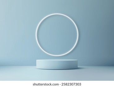 glowing white ring rests on a pale blue cylindrical podium, creating a minimalist and serene aesthetic perfect for modern product displays, mockups, and technology concepts